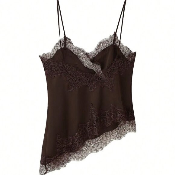 Chocolate Brown Elegant Women's Satin Lace Trim Asymmetric Camisole - Picture 4 of 4